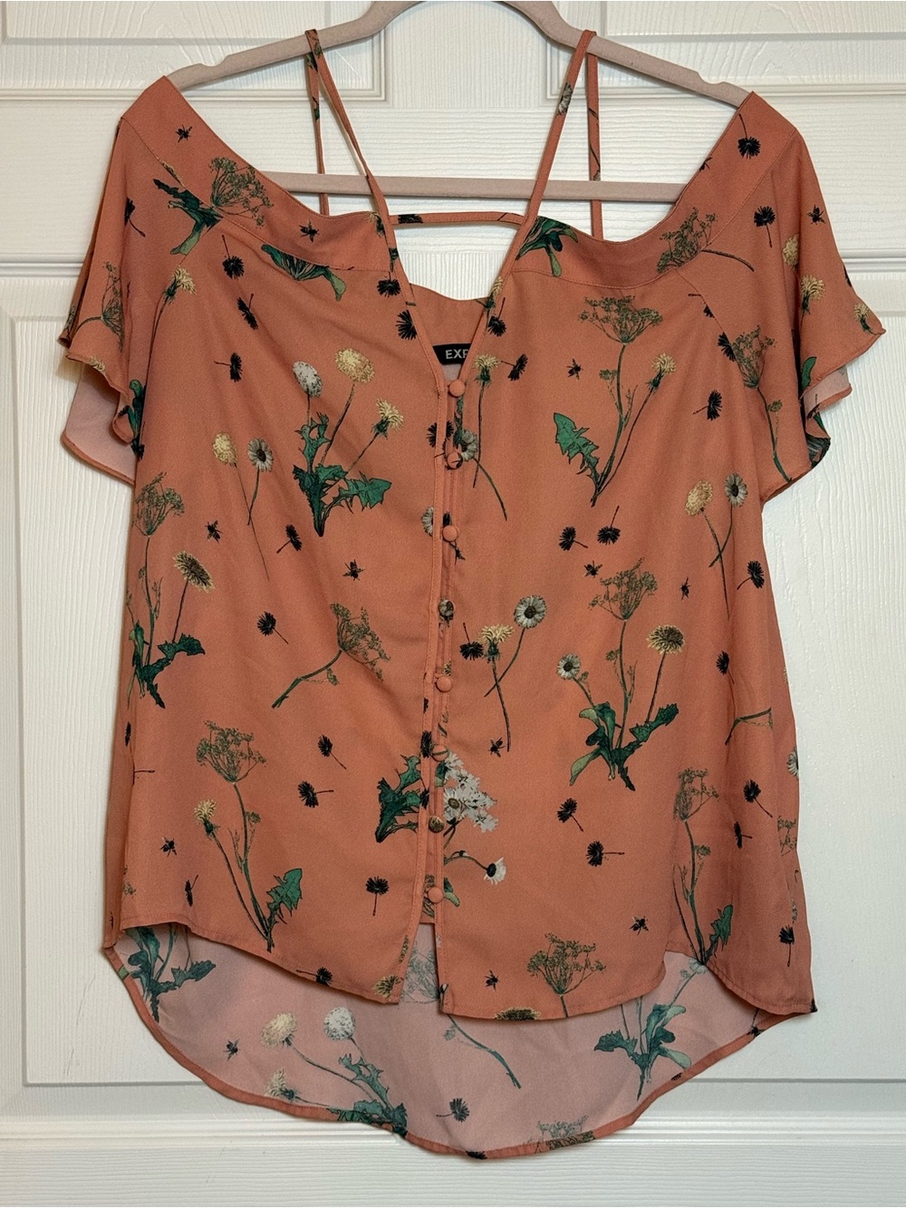 Express Women’s Rust Floral Button-Front Cold-Shoulder Top XL
